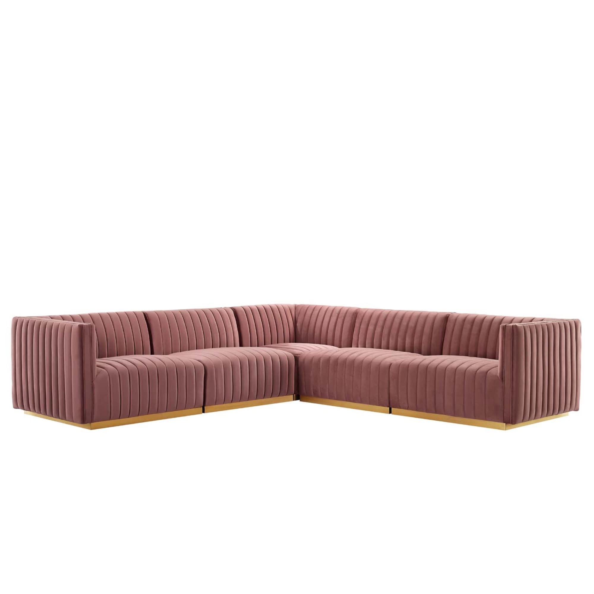 Modway Conjure 5-Piece Velvet And Stainless Steel Sectional In Gold/Dusty Rose